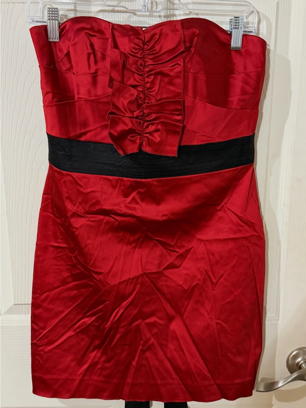 Phoebe Couture Sweetheart Strapless Red Satin Mini Dress with Black Bow Waist 8